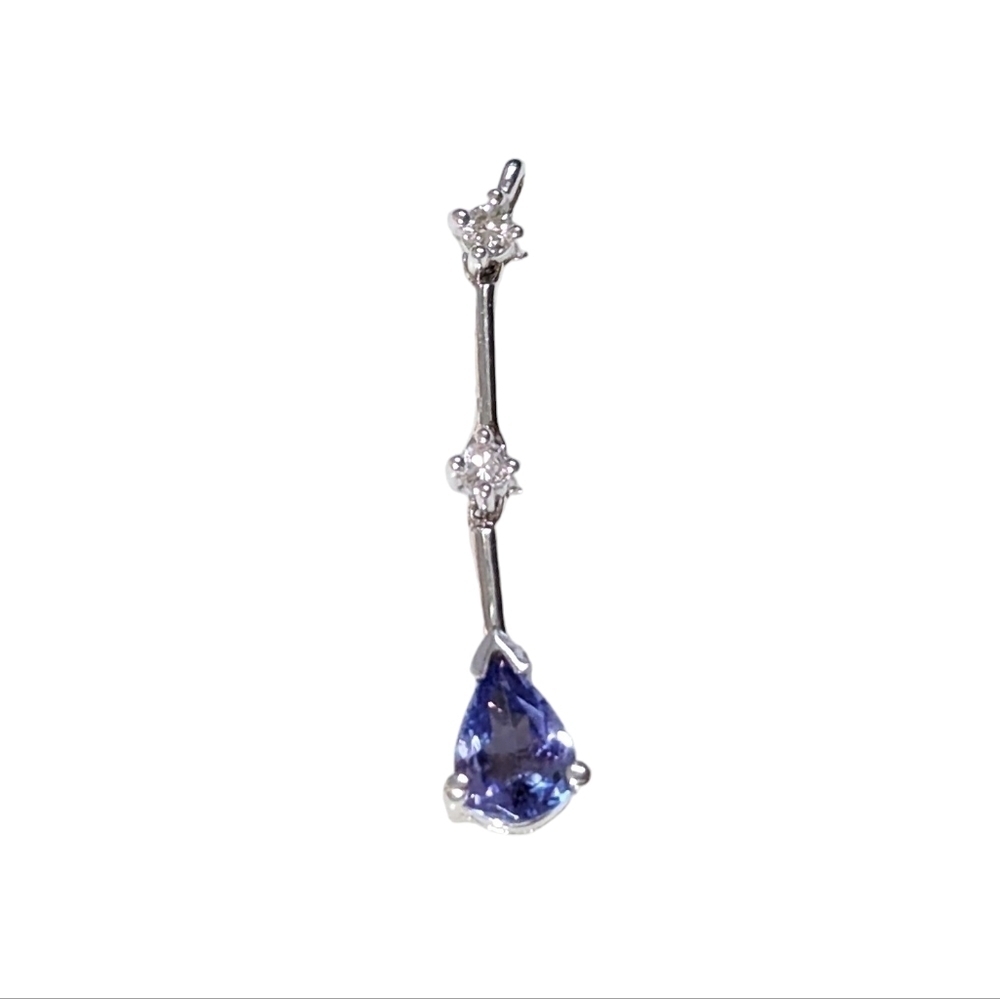 14k Solid White Gold Vintage Pear Shaped Tanzanite Diamond Journey Pendant 1.53g